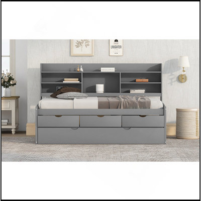Twin Size Wooden Captain Bed With Built-In Bookshelves,Three Storage Drawers And Trundle