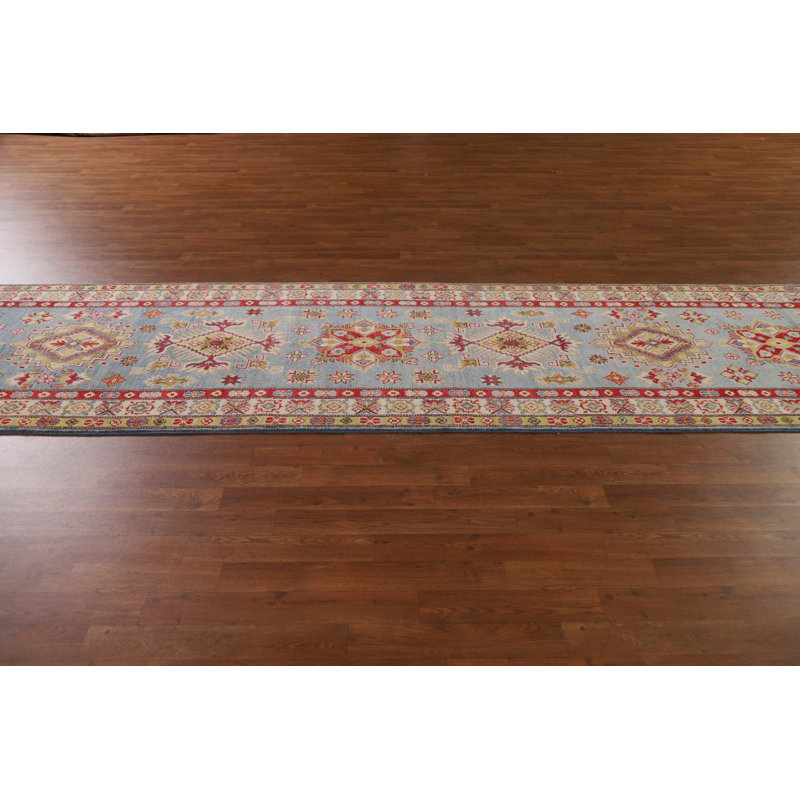 Tapis de couloir bleu clair en laine Kazak fait à la main 3 x 17