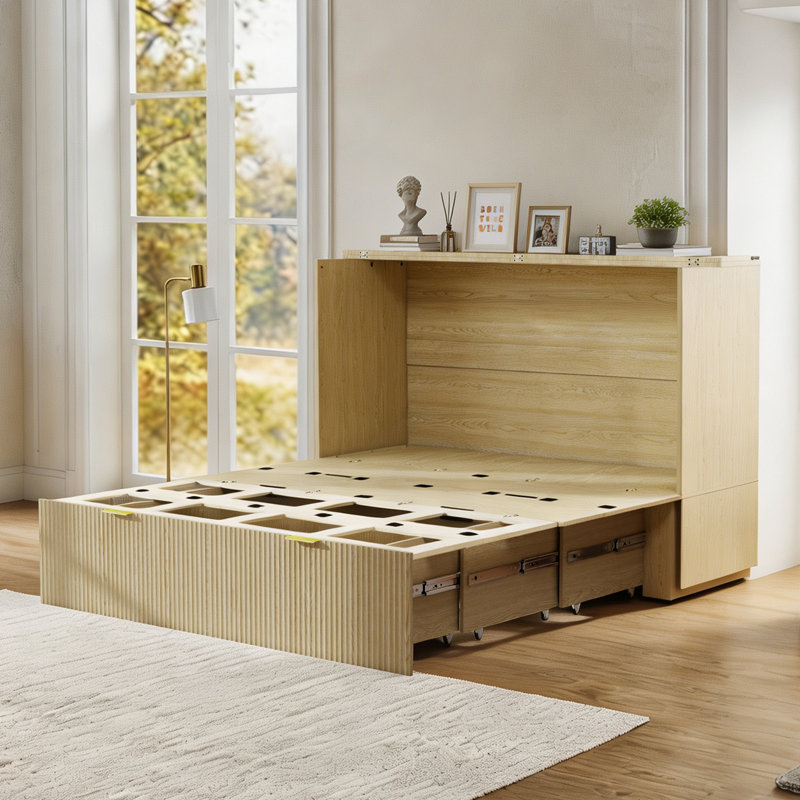 Lit escamotable avec matelas gris, prises électriques et rangements – Lit-armoire de style milieu du siècle, Double
