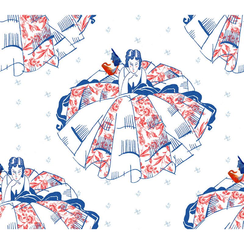 Yuki Osada Non-Pasted Satin Wallpaper Double Roll, Red/White/Blue