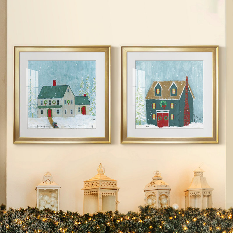 Home for Christmas - ensemble d'impressions 2 pièces, H 17,5 po x l 35 po x P 1,5 po, Papier encadré doré, Blanc