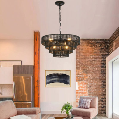 Lustre en rotin tissé à la main de 20 po à 6 lumières de style transitionnel minimaliste à 4 lumières Boho pour îlot de cuisine, couloir de salon, noir mat