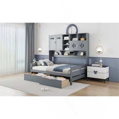 Lit de jour en bois avec 2 tiroirs, armoire et tablette tout-en-un pour un rangement peu encombrant et une assise confortable
