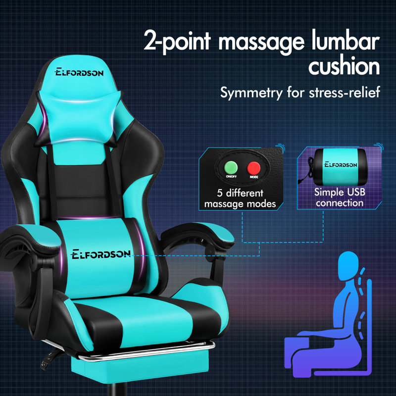 ELFORDSON Adjustable Reclining Swiveling PC & Racing Game Chair with Footrest, Cyan