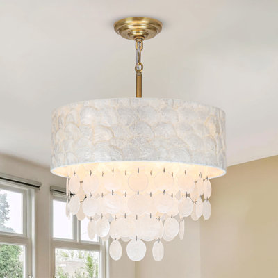 5-Light Brass Capiz Shell Drum Chandelier With Tiered Shell Accents