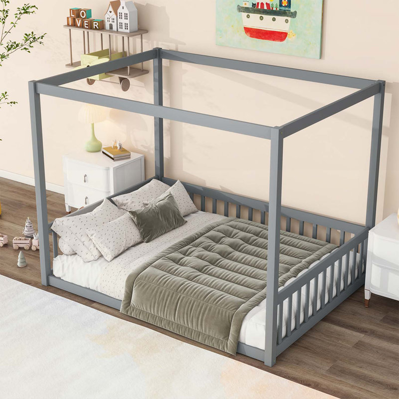 Lit en bois d'hévéa avec clôture Canopy, Gris