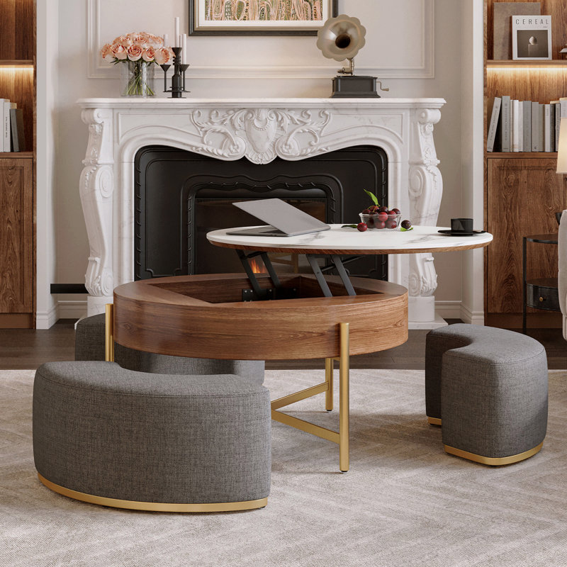 Table basse ronde en noyer fritté avec plateau relevable moderne avec placage de rangement caché et plateau en pierre frittée