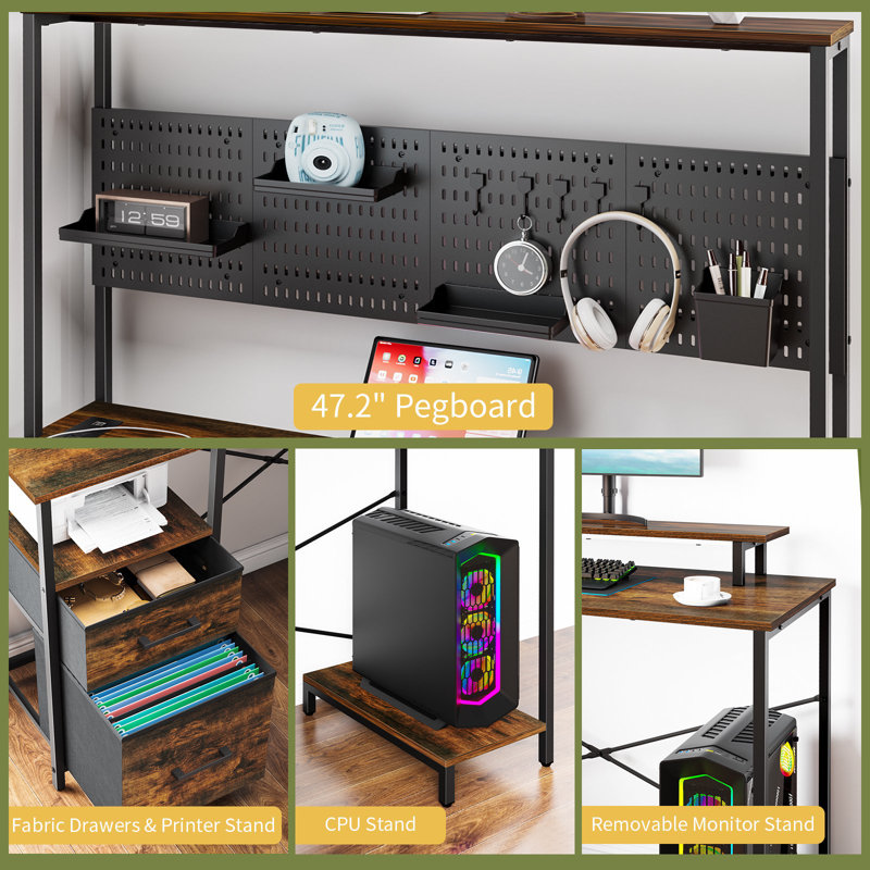 Brown/Black L-Shaped Gaming Desk with Power Outlets and Drawers