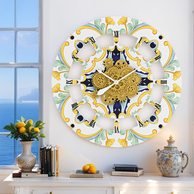 Horloge murale surdimensionnée de 36 po pour le salon avec de vrais engrenages en mouvement style italien, Praiano