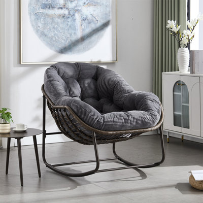 Outdoor Rattan Rocking Chair,Padded Cushion Rocker Recliner Chair Outdoor For Front Porch, Living Room, Patio, Garden, Grey