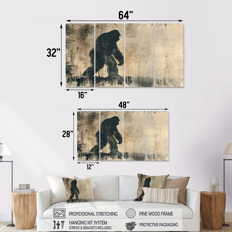 Silhouette d'ombre noire et noire Bigfoot - ensemble de décorations murales Bigfoot, H 28 po x l 48 po