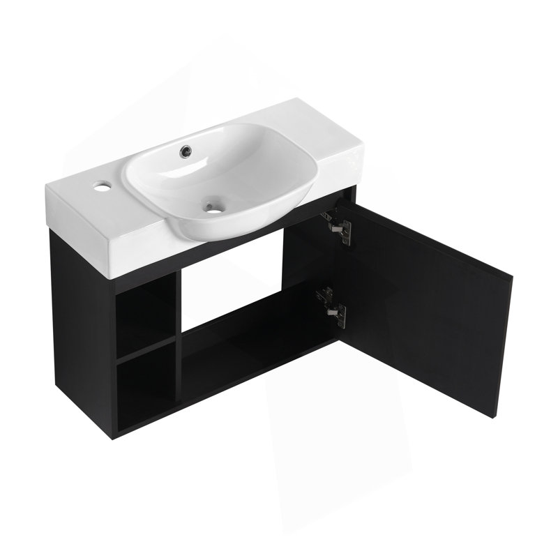 26'' Wall-Mounted Bathroom Vanity With White Ceramic Sink & Soft-Close Door, Dark Oak, Plywood, KD-Packing, Dark Oak
