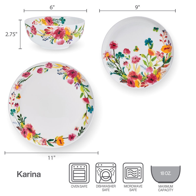 Karina 12-Piece Lightweight Chip-Resistant Bone China Dinnerware Set, Service for 4