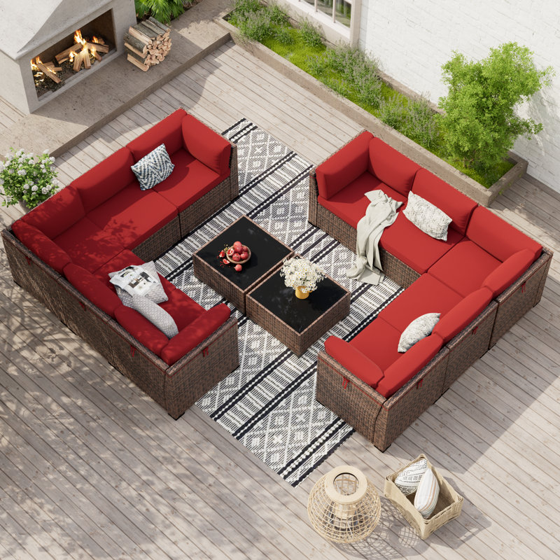 Treyshun Wicker 10 - Person Modular Patio Conversation Set with Cushions, Burgundy