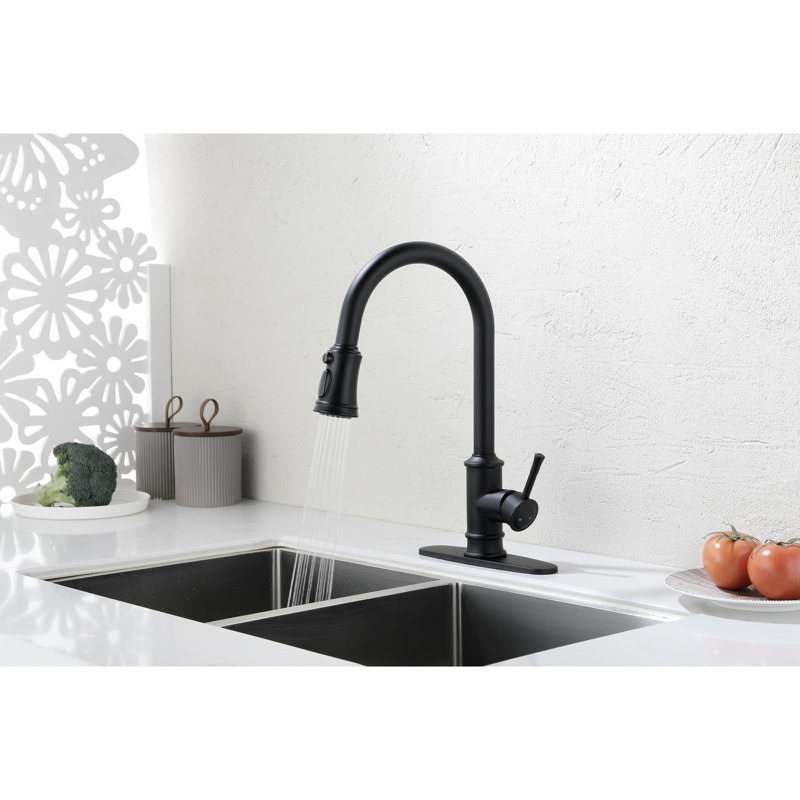Robinet de cuisine noir mat avec douchette extractible, acier inoxydable, buse rotative à 360 ° pour une utilisation pratique, finition anticorrosion et rouille, douchette à poignée simple noire, fabrication en acier, confortable pour l'utilisateur
