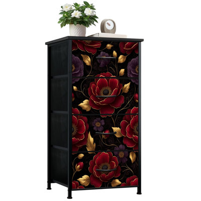 Dresser for Bedroom with 4 Storage Drawers Red Purple Floral Gold Leaves Black Luxurious Vintage Style Dressers Chest of Drawers Steel Framed Fabric Closet Organizers for Nursery Kids Dorm Entryway