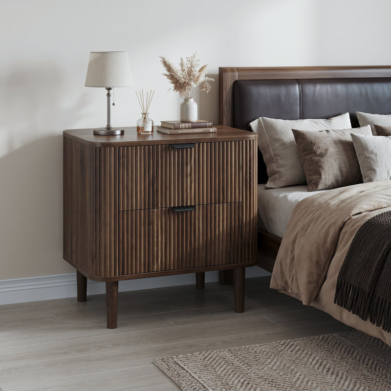 57cm Wide Bedside Table Wood Nightstand 2-drawers