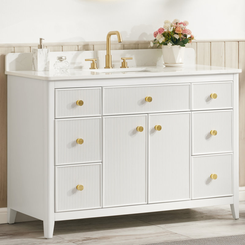 Meuble-lavabo simple 49 po en bois massif avec plateau en pierre d'ingénierie blanc de Carrare, aucun assemblage requis