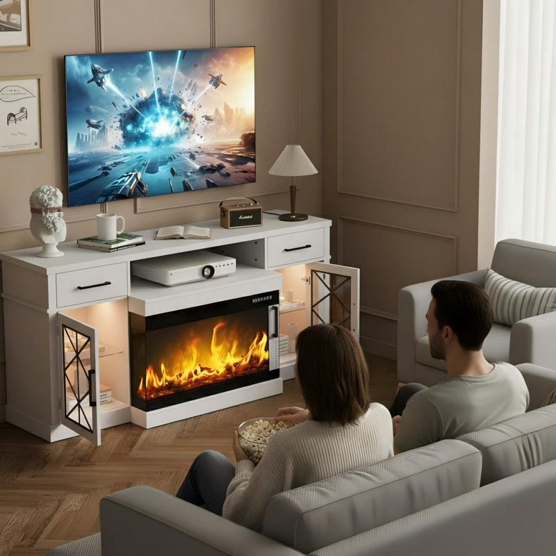 65" Fireplace TV Stand with 30" 3-Sided Electric Fireplace, LED Lights & Storage Cabinets, White