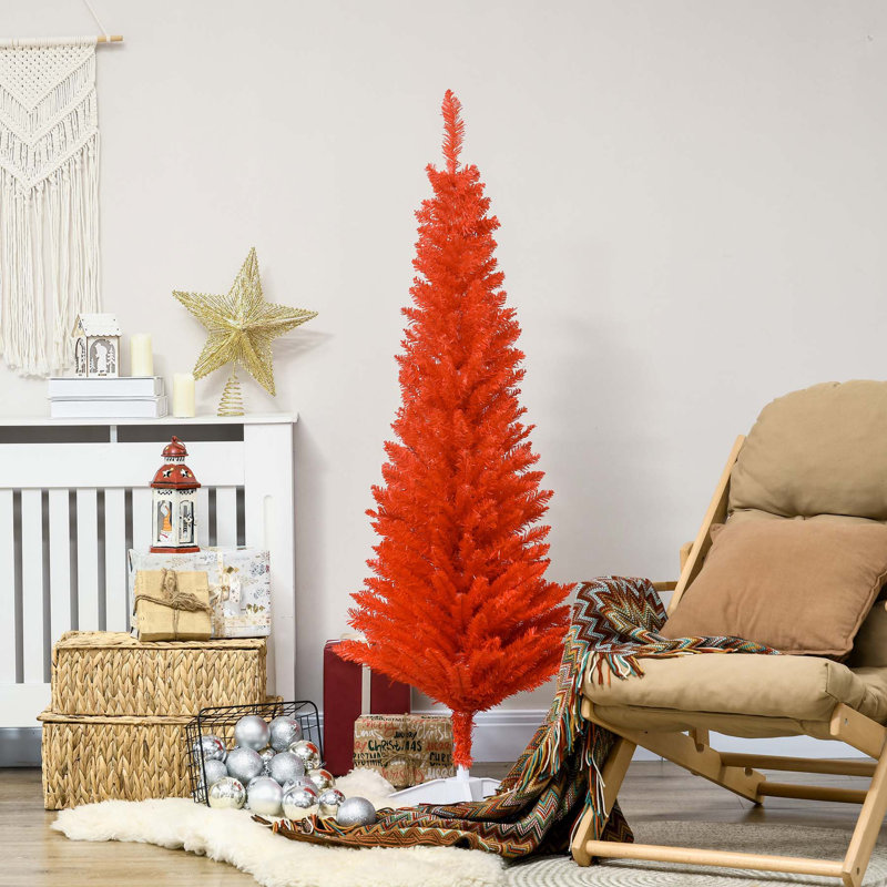 Arbre de Noël artificiel, arbre de Noël mince avec 294 pointes de branches réalistes et support en plastique, rouge, 5'