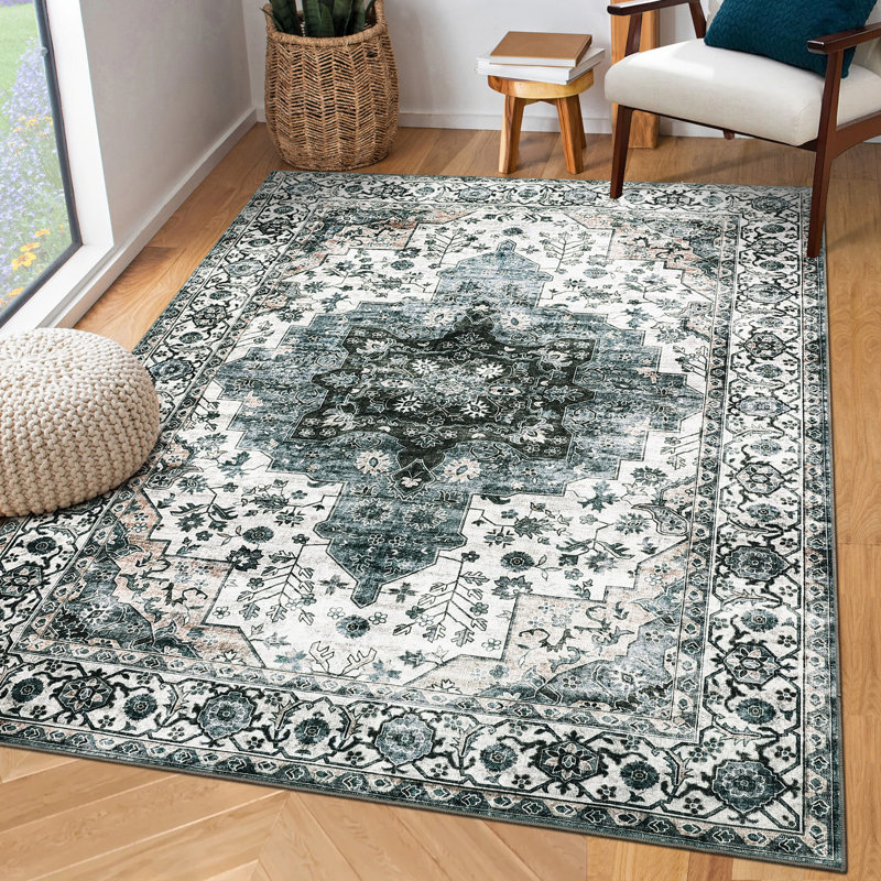 Vintage Machine Washable Rug for Living Room Bedroom Oriental Floral Non-Slip Low Pile Rubber Backing Area Rug for Playroom Office Kitchen Dining Room Dorm and Bedside Decor