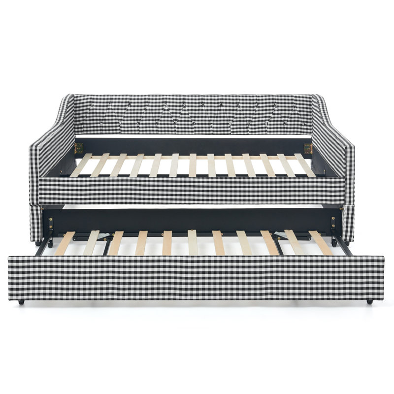 Lit de jour pleine grandeur, lit de jour convertible rembourré avec dossier capitonné, canapé-lit polyvalent 3 en 1 avec lit gigogne escamotable et rangement latéral, parfait pour un salon compact - noir