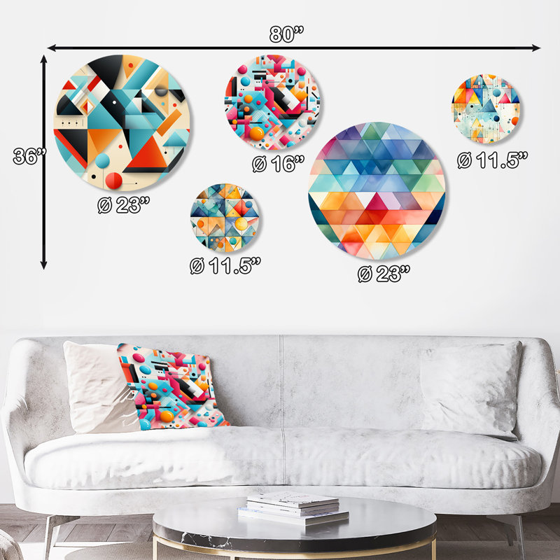 Motif géométrique triangulaire Revival - ensemble d'art mural moderne rond géométrique de 5