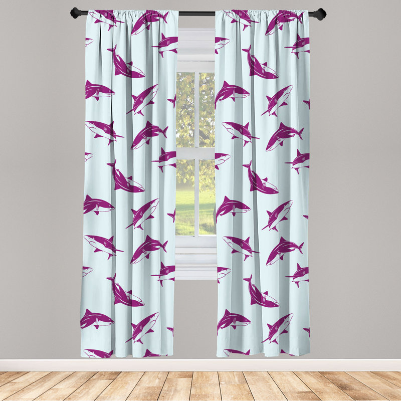 Ebern Designs Sea Animals Curtains, Cartoon Sharks Swimming, Pair of 28", Dark Magenta, 28" W x 63" L
