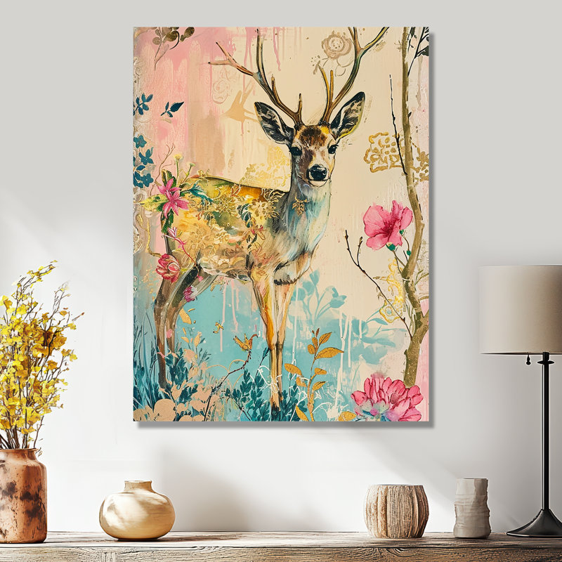 Fleur de cerf boho rétro - art mural animal cerf, Métal métal, H 20 po x l 12 po x P 1 po