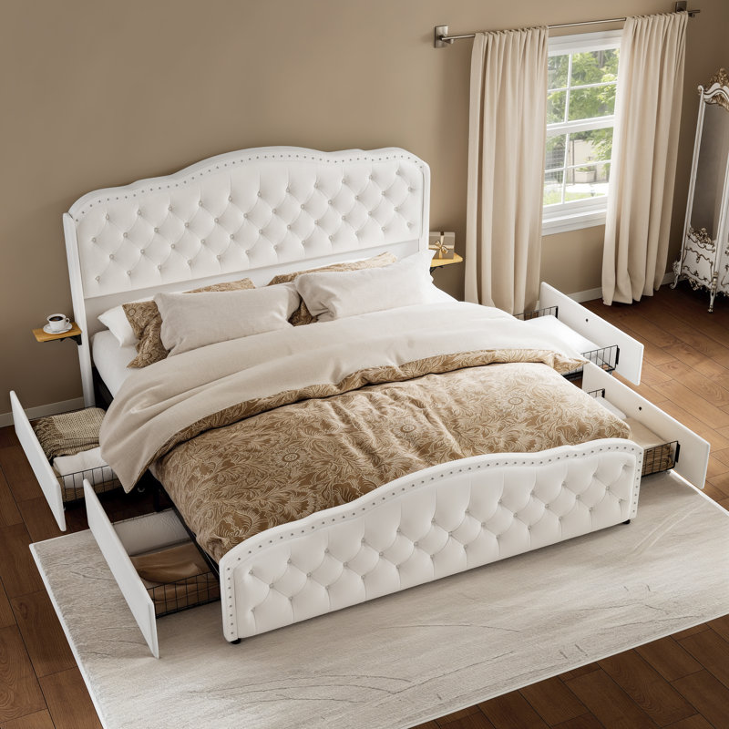  Maber Upholstered King Bed with 4 Drawers, Storage Platform Bed with 2 Bedside Tables , Velvet Wingback Bed, No Boxing Spring Needed, Beige