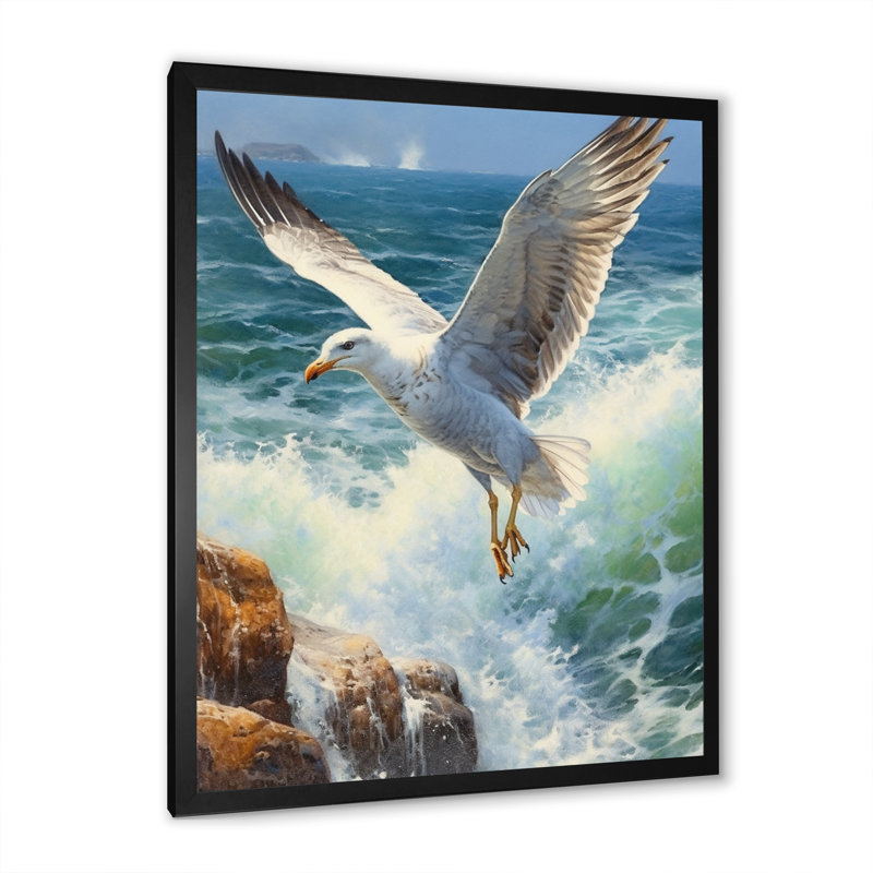Mouette au bord de la mer III - Art mural mouette, H 20 po x l 12 po x P 1 po, Cadre simple noir