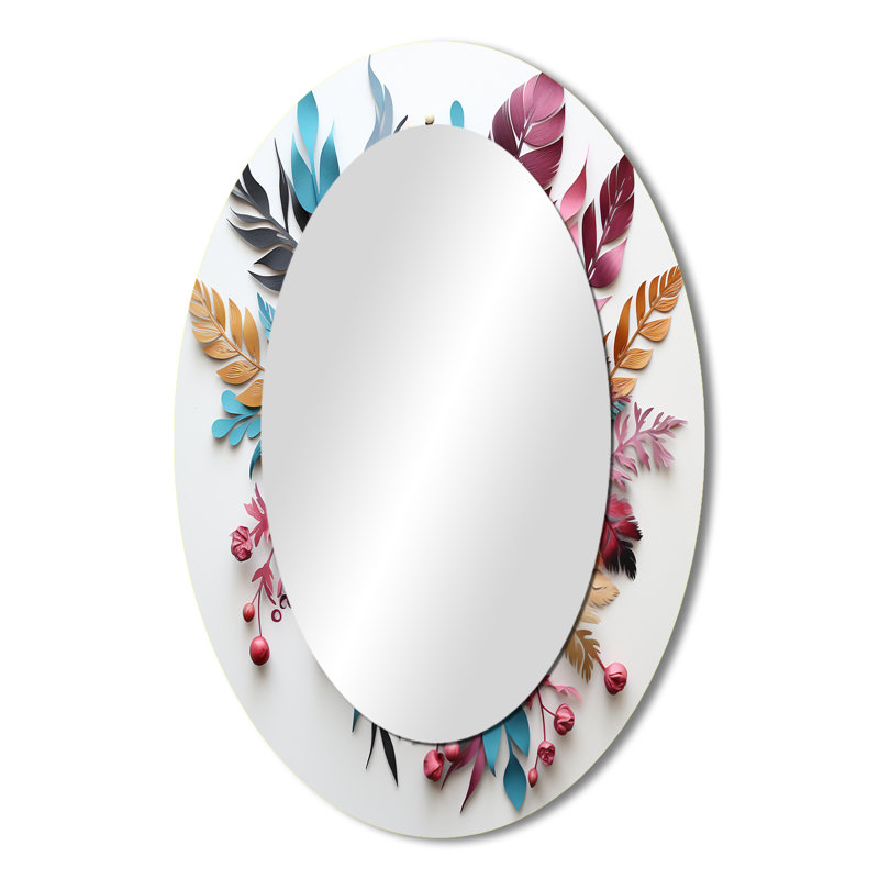 Bouquet de fleurs bohème en bleu et rose - Miroir mural moderne ovale, 36 po x 24 po
