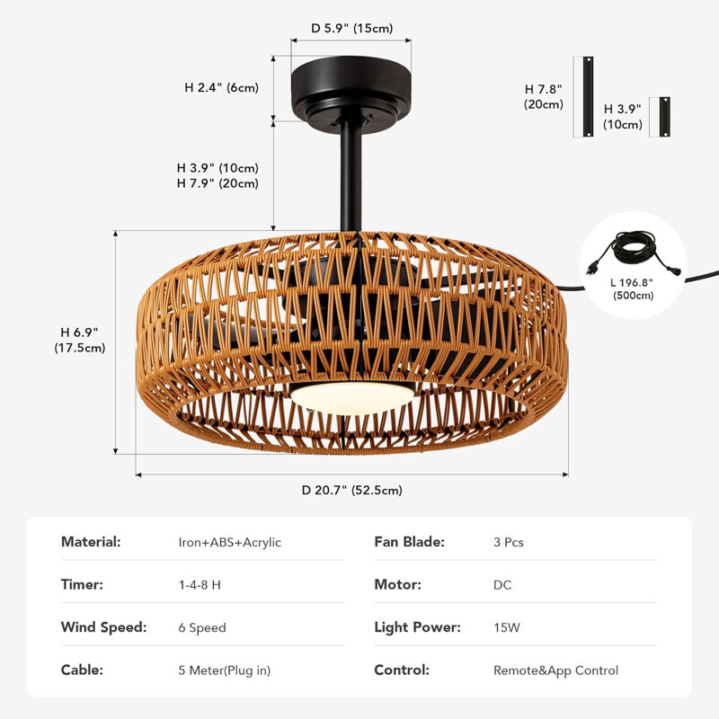 20" Outdoor Ceiling Fans with Lights for Patios, Waterproof Plug in Ceiling Fan with Remote