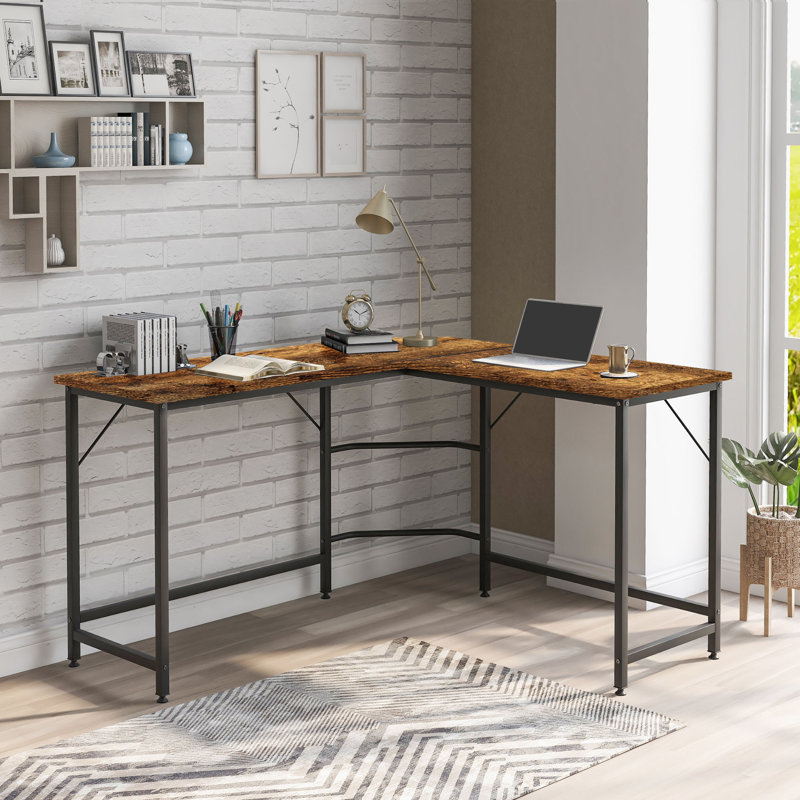Humberto L-Shaped Metal Base Writing Desk, Black, Brown