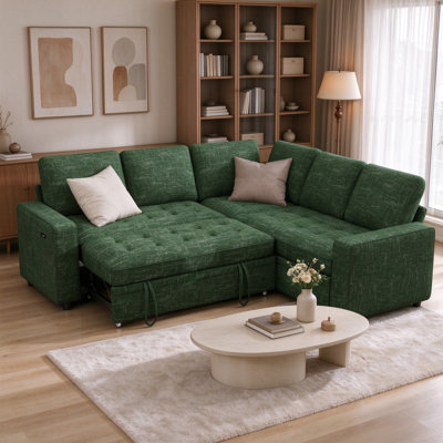 Dyonery 85" 5-Seat Modular Chenille L-Shaped Sleeper Sofa, Pull Out Bed, Adjustable Backrest, USB & Storage