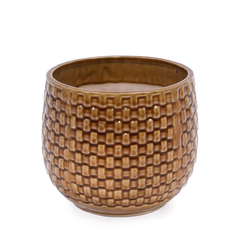 3 Ceramic Flowerpots In Orange & Dark Brown, Modern Design For Indoor Spaces, Heat-, 9.54" Wide Brown Planter , Pieces Flowers Small Plants, Weather-, Built-In Drainage Hole