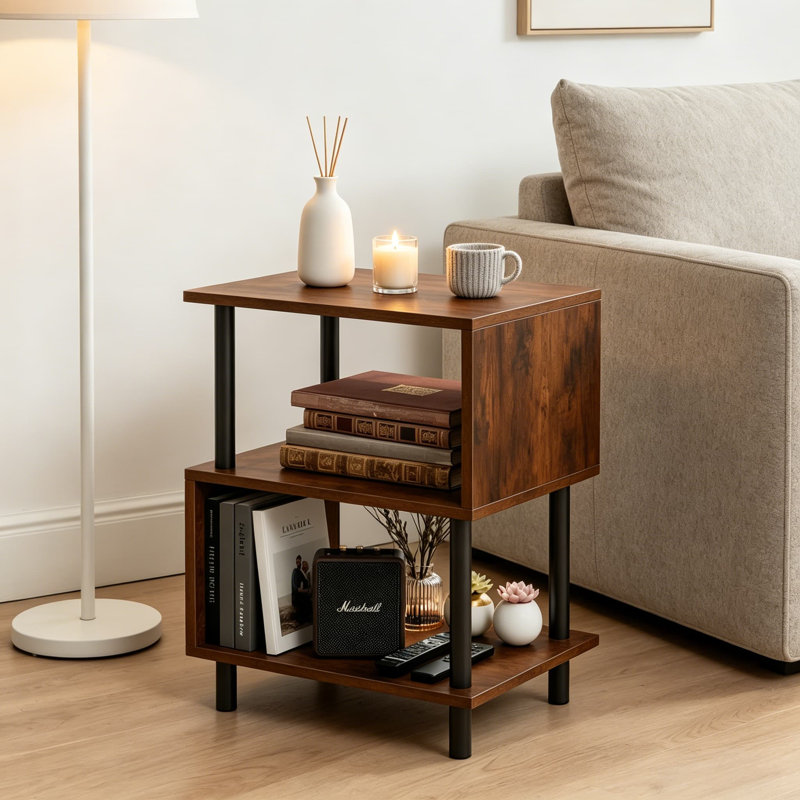 Petite table d'appoint avec tablettes en bois à 3 niveaux, table de bout robuste en métal pour le salon ou la chambre à coucher, capacité de 44 lb par tablette, assemblage facile