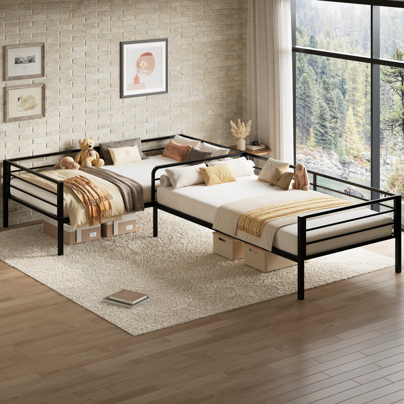 Lits simples en forme de L pour 2 personnes, base de lit d'angle simple avec rangement sous le lit, lattes en acier robustes pour chambre à coucher et petits appartements