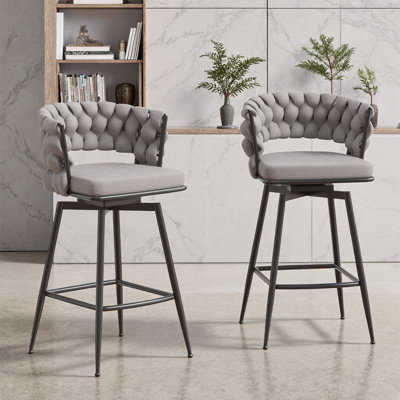 Ensemble de 2 tabourets de bar 28 po en cuir technique brun clair - structure en métal noir avec pivot à 360 ° et repose-pieds