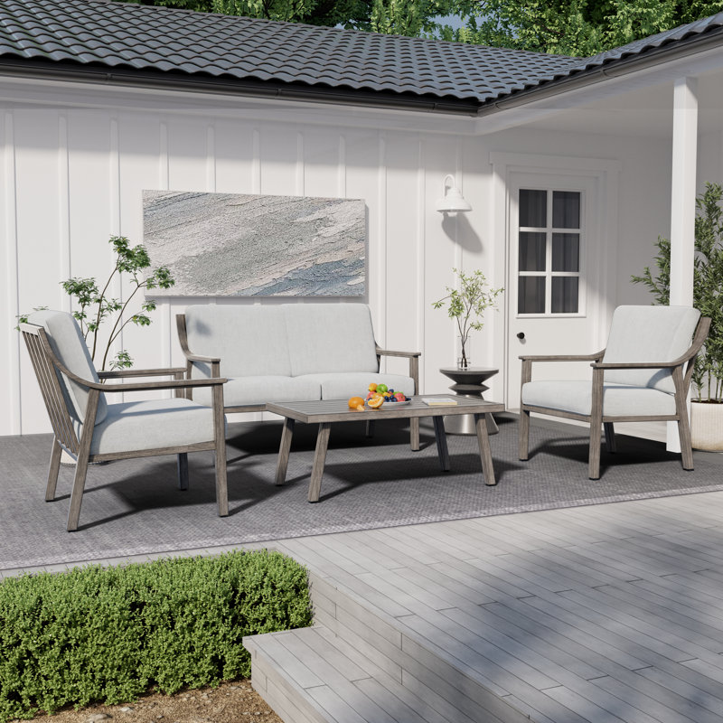 Vishali 4-Piece Aluminum Outdoor Conversation Set with Loveseat and Armchairs, Gray, Gray