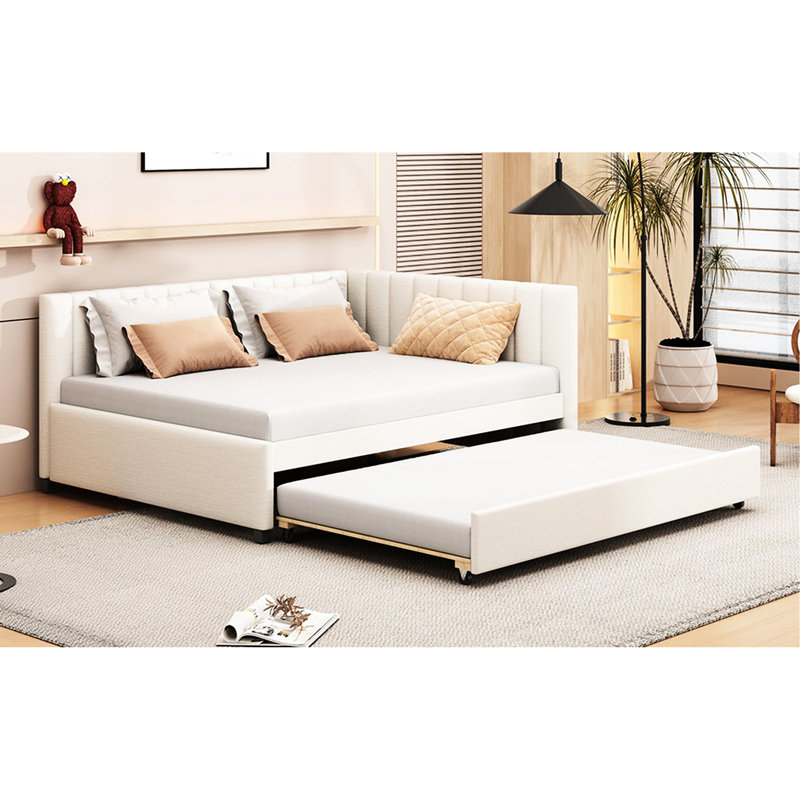 Full Size Upholstered Daybed With Twin Trundle, Beige Linen, No Box Spring, Robust And Stable Frame For Sleepovers Linen Upholstery, Strong Secure Bed Design, Space Saving