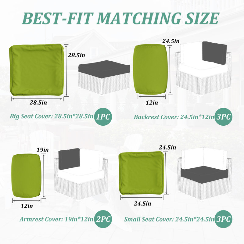 9-Piece Outdoor Cushion Cover Set (Set Of 3 Seats , 5 Backs, 1 Footrest)， Only Covers, Grass Green