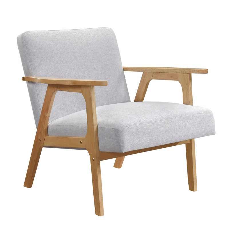 Chaise d'appoint grise avec mousse enveloppée et structure en bois massif, dimensions de 27 po x 29 po x 29 po, coussins attachés en tissu contemporain, capacité de poids de 300 lb, structure au fini naturel