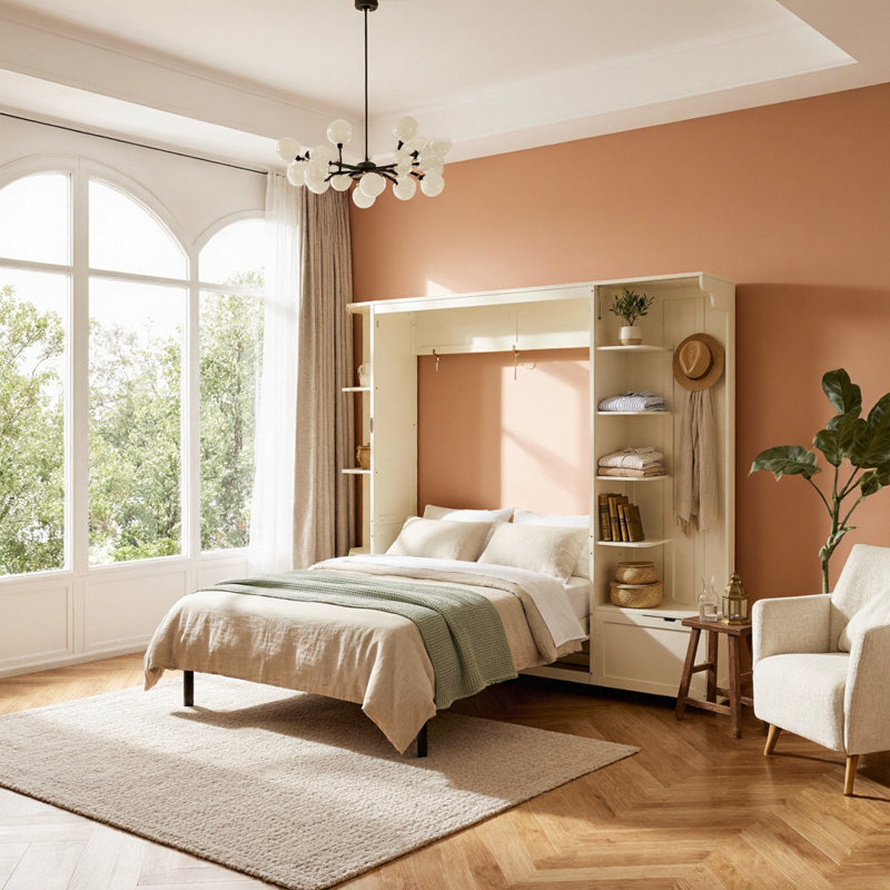Grand lit escamotable avec rangement et lumières, tablettes intégrées, lit mural peu encombrant, White