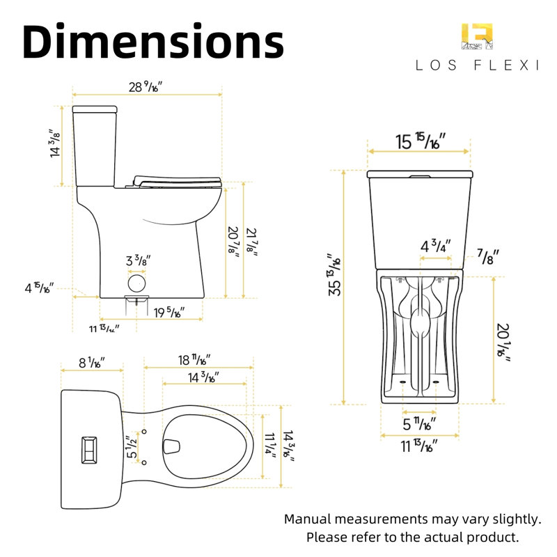 Los Flexi 21 Inch Extra Tall Toilet for Seniors, Beige Toilet Two Piece Design With Skirted Design, 1.1/1.28 GPF Dual Flush, Powerful Siphon Jet, Soft-Close Seat and Quick Install, Bone Color, 12'' Rough-In
