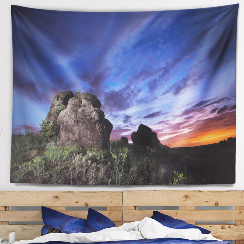 Paysage, nuit d'été, tapisserie, ciel bleu, H 32 po x l 39 po