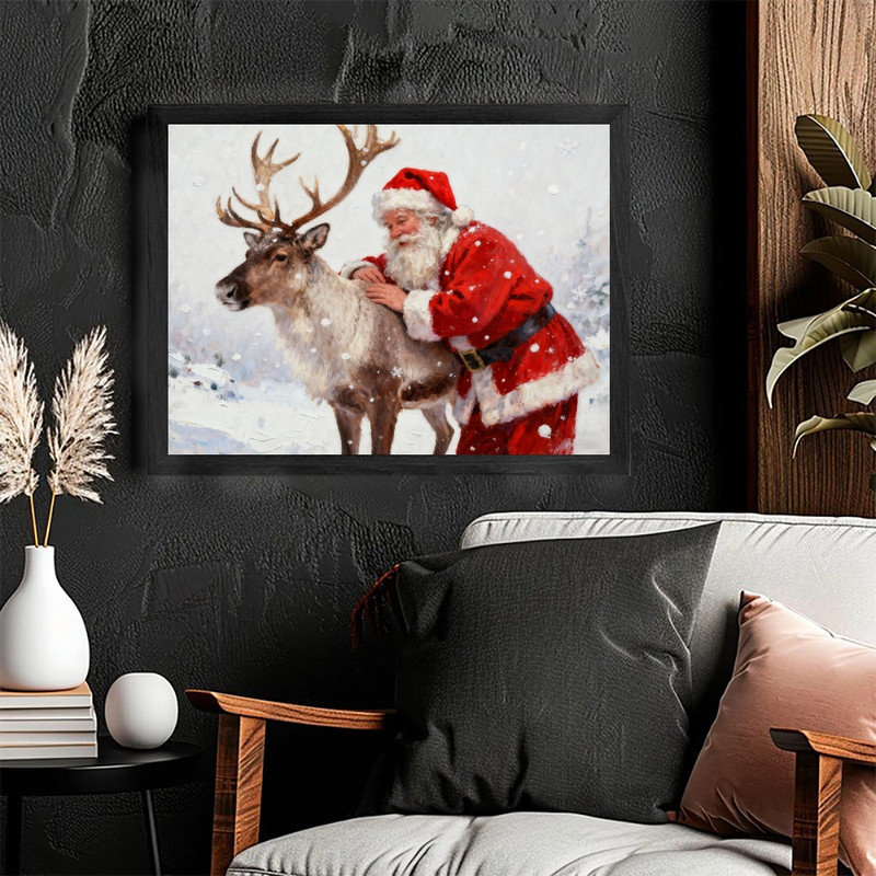Art mural rétro de Noël noir - Père Noël et renne, décor de fête avec peinture à l'huile classique, impressions encadrées