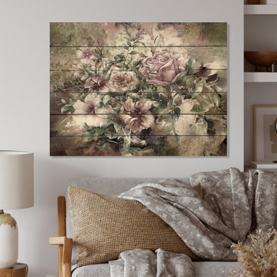 Grunge rose gris fleurs d'été III - peinture sur bois sans cadre