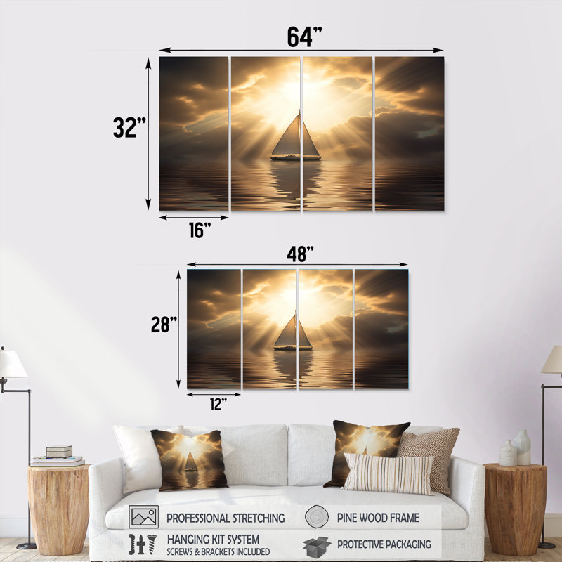 Voilier «Tranquility God Rays After The Storm» - décoration murale bateau 4 pièces, H 28 po x l 48 po
