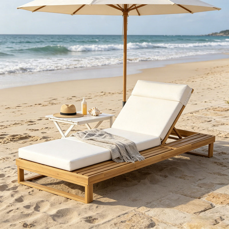 Acacia Wood Chaise Lounge with 4-Inch 4-Fold Cushion Set, Adjustable Outdoor Patio Lounger with Flat Side Surface, for Poolside